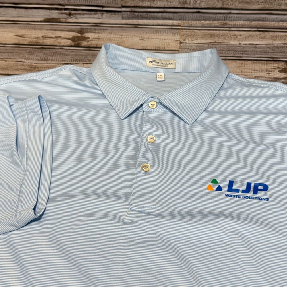 Peter Millar Summer Comfort Polo Shirt Mens XXL Blue White Stripe LJP Logo